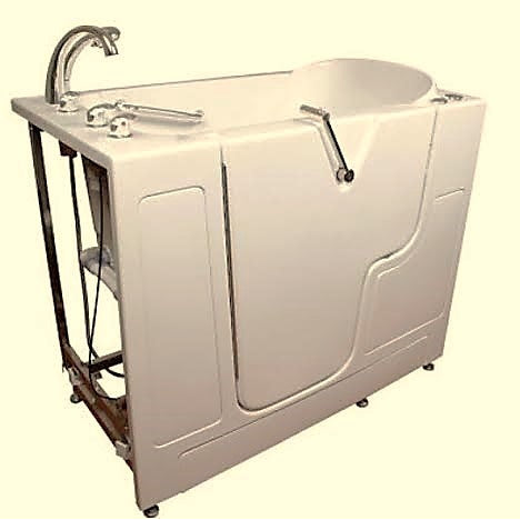 Avora bath 32" x 52" wheelchair transfer walk-in tub biscuit with left outward swing door - air and vibration jets - 5 piece roman faucet set - hand shower with pull out hose - stainless steel grab bar - Vital Hydrotherapy