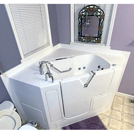 Avora bath 32" x 52" wheelchair transfer walk-in tub white with left outward swing door - air hydro and vibration jets - 5 piece roman faucet set - hand shower with pull out hose - stainless steel grab bar - lifestyle - Vital Hydrotherapy
