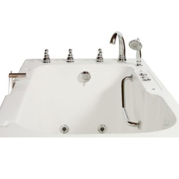 Avora bath 32" x 52" wheelchair transfer walk-in tub white with left outward swing door - air hydro and vibration jets - 5 piece roman faucet set - hand shower with pull out hose - stainless steel grab bar - Vital Hydrotherapy