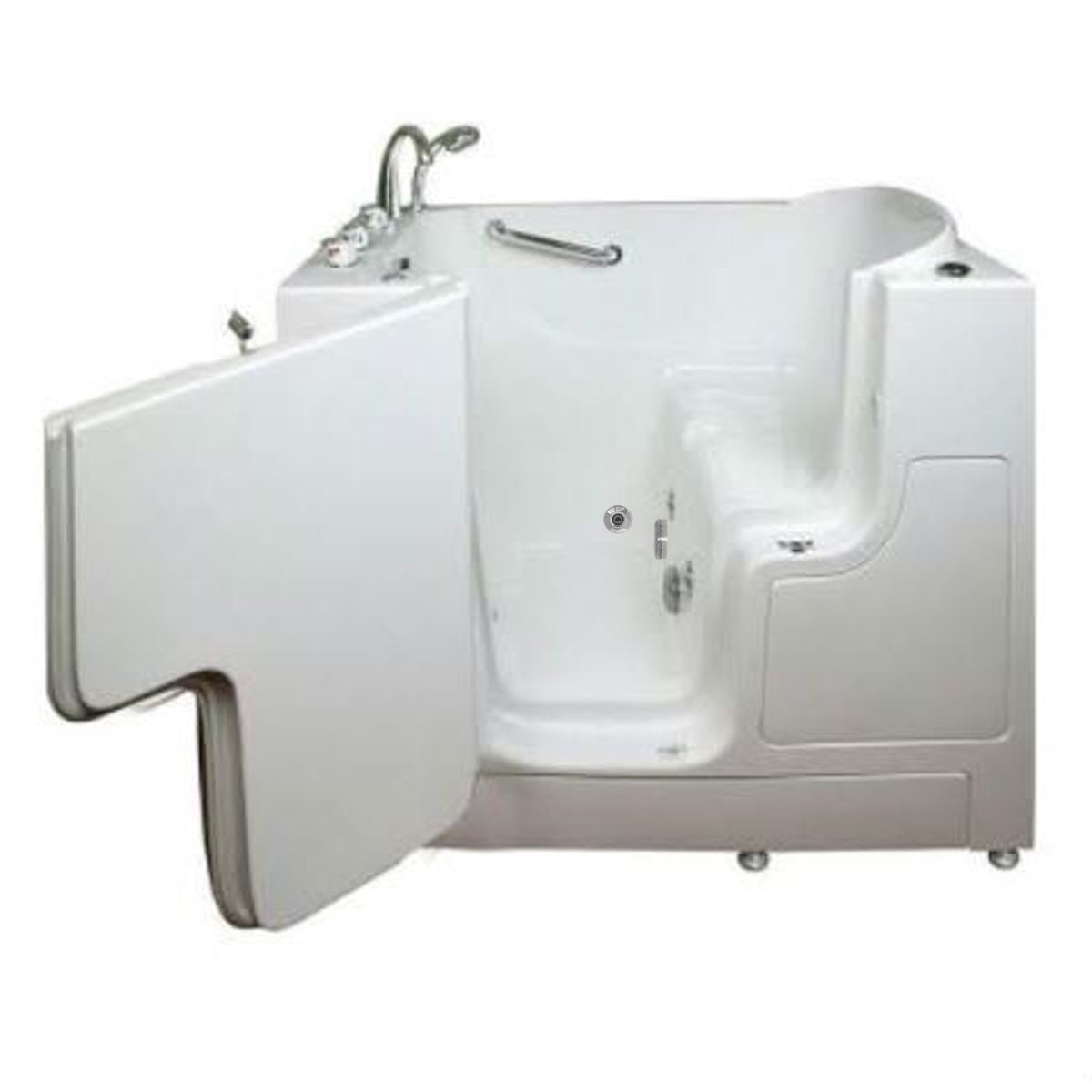 Avora bath 32" x 52" wheelchair transfer walk-in tub white with left outward swing door - hydro massage with microbubbles - 5 piece roman faucet set - hand shower with pull out hose - stainless steel grab bar - open door - Vital Hydrotherapy