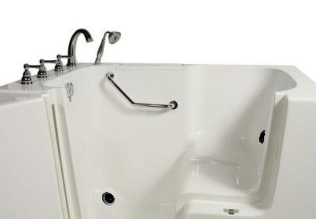 Avora bath 32" x 52" wheelchair transfer walk-in tub biscuit with left outward swing door - hydro massage with microbubbles - 5 piece roman faucet set - hand shower with pull out hose - stainless steel grab bar - Vital Hydrotherapy