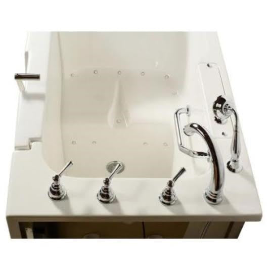 Avora bath 32" x 52" wheelchair transfer walk-in tub white with right outward swing door - air massage with microbubbles - 5 piece roman faucet set - hand shower with pull out hose - stainless steel grab bar - overview - Vital Hydrotherapy