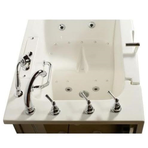 Avora bath 32" x 52" wheelchair transfer walk-in tub white with right outward swing door - air hydro and vibration jets - 5 piece roman faucet set - hand shower with pull out hose - stainless steel grab bar - overview - Vital Hydrotherapy