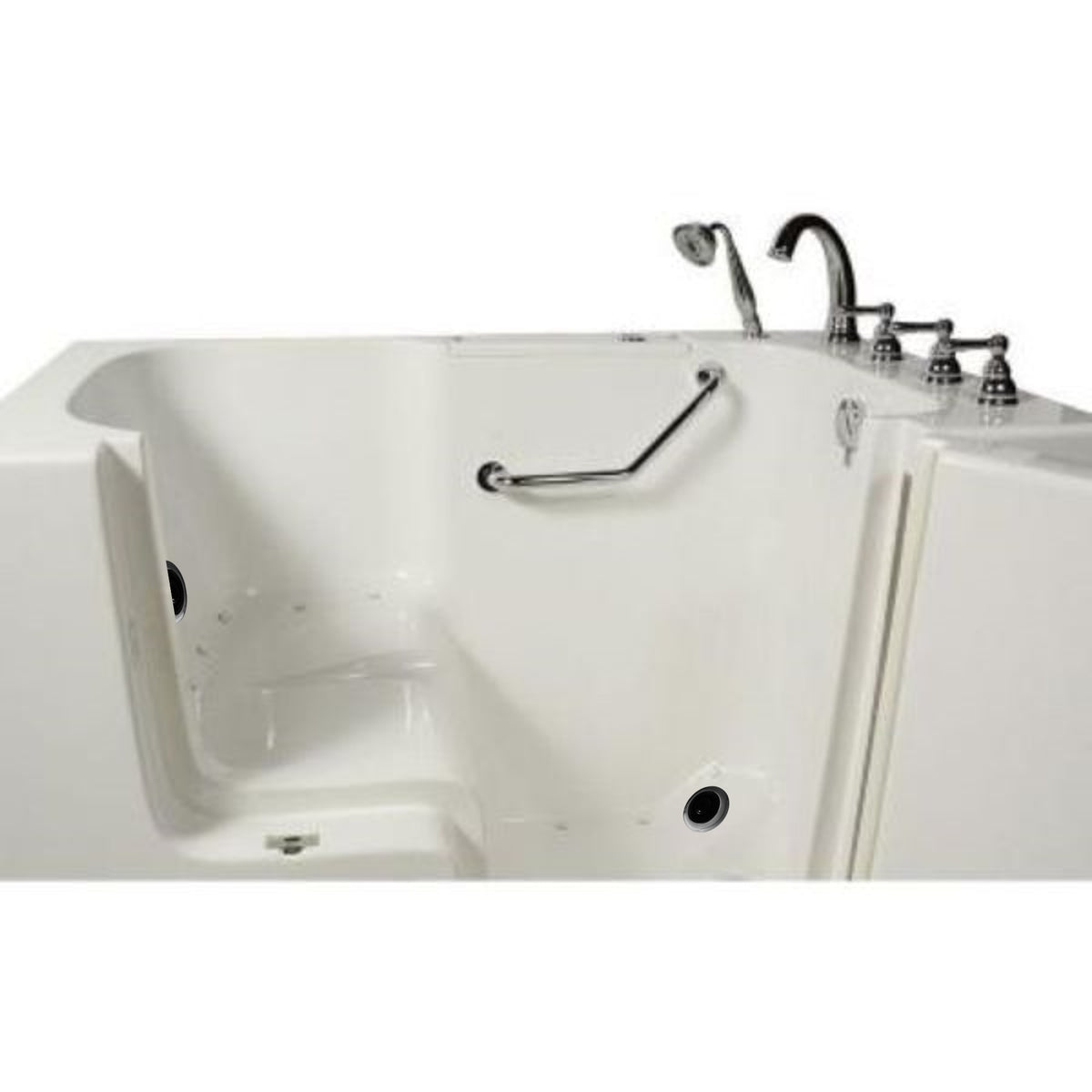Avora bath 32" x 52" wheelchair transfer walk-in tub white with right outward swing door - air and vibration jets - 5 piece roman faucet set - hand shower with pull out hose - stainless steel grab bar - Vital Hydrotherapy