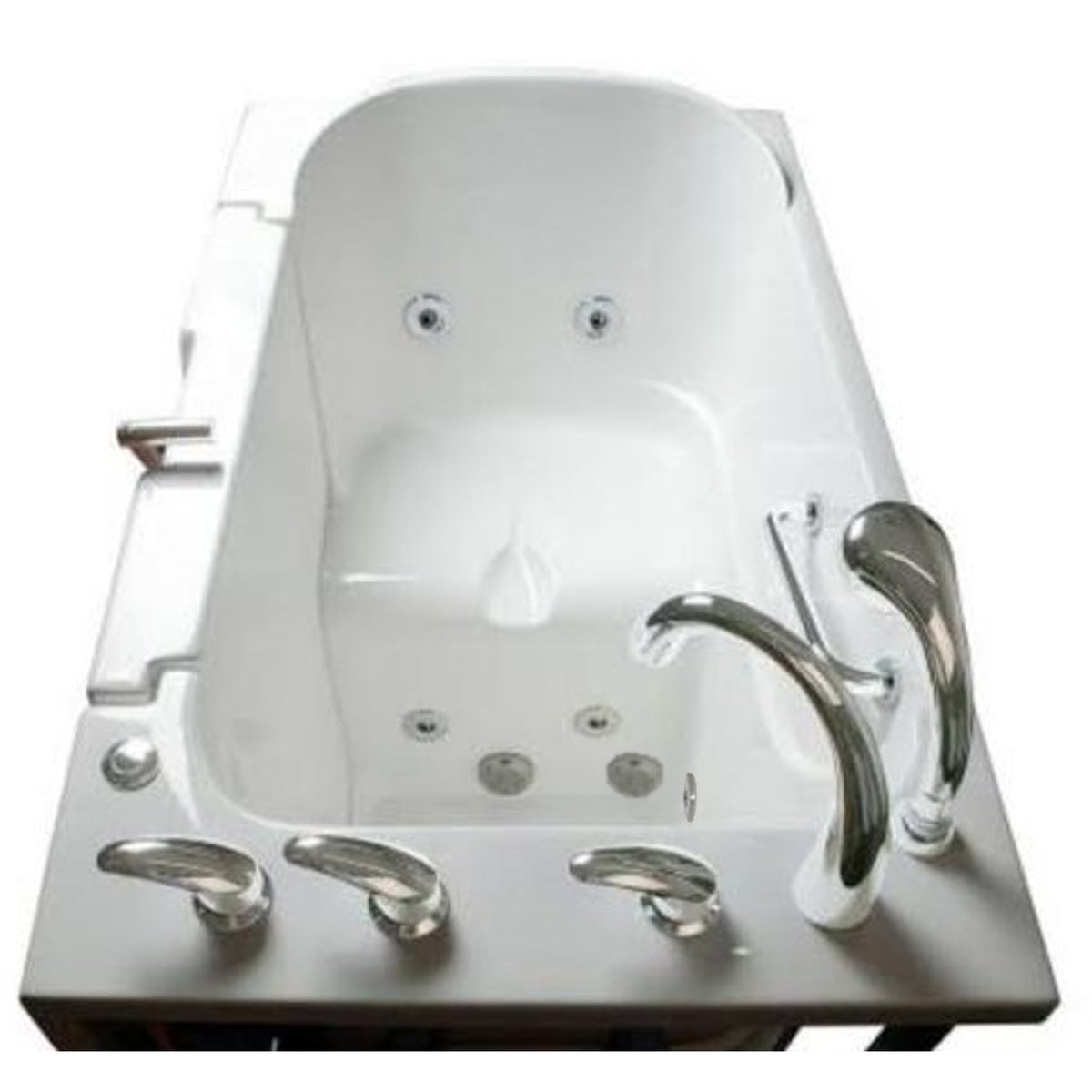 Avora bath 32" x 52" wheelchair transfer walk-in tub white with right outward swing door - hydro massage with microbubbles - 5 piece roman faucet set - hand shower with pull out hose - stainless steel grab bar - overview - Vital Hydrotherapy