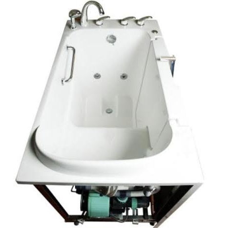 Avora bath 32" x 52" wheelchair transfer walk-in tub white with right outward swing door - hydro massage with microbubbles - 5 piece roman faucet set - hand shower with pull out hose - stainless steel grab bar - Vital Hydrotherapy