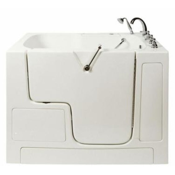 Avora bath 32" x 52" wheelchair transfer walk-in tub white with right outward swing door - hydro and vibration jets - 5 piece roman faucet set - hand shower with pull out hose - stainless steel grab bar - Vital Hydrotherapy
