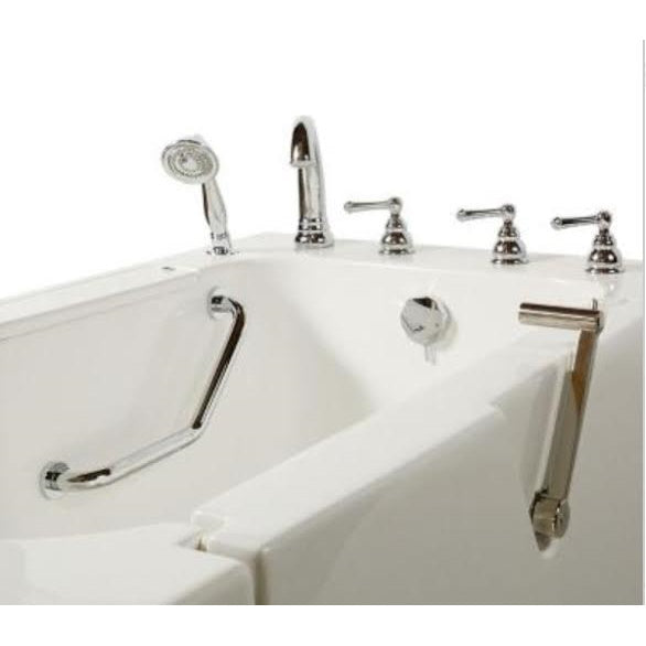 Avora bath 32" x 52" wheelchair transfer walk-in tub white with right outward swing door - hydro and vibration jets - 5 piece roman faucet set - hand shower with pull out hose - stainless steel grab bar - Vital Hydrotherapy