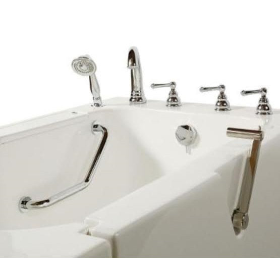 Avora bath 32" x 52" wheelchair transfer walk-in tub white with right outward swing door - vibration jets - 5 piece roman faucet set - hand shower with pull out hose - stainless steel grab bar - Vital Hydrotherapy