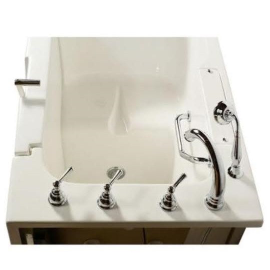 Avora bath 32" x 52" wheelchair transfer walk-in tub white with right outward swing door - vibration jets - 5 piece roman faucet set - hand shower with pull out hose - stainless steel grab bar - overview - Vital Hydrotherapy