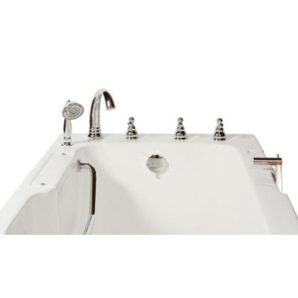 Avora bath 32" x 52" wheelchair transfer walk-in tub white with right outward swing door - vibration jets - 5 piece roman faucet set - hand shower with pull out hose - stainless steel grab bar - Vital Hydrotherapy