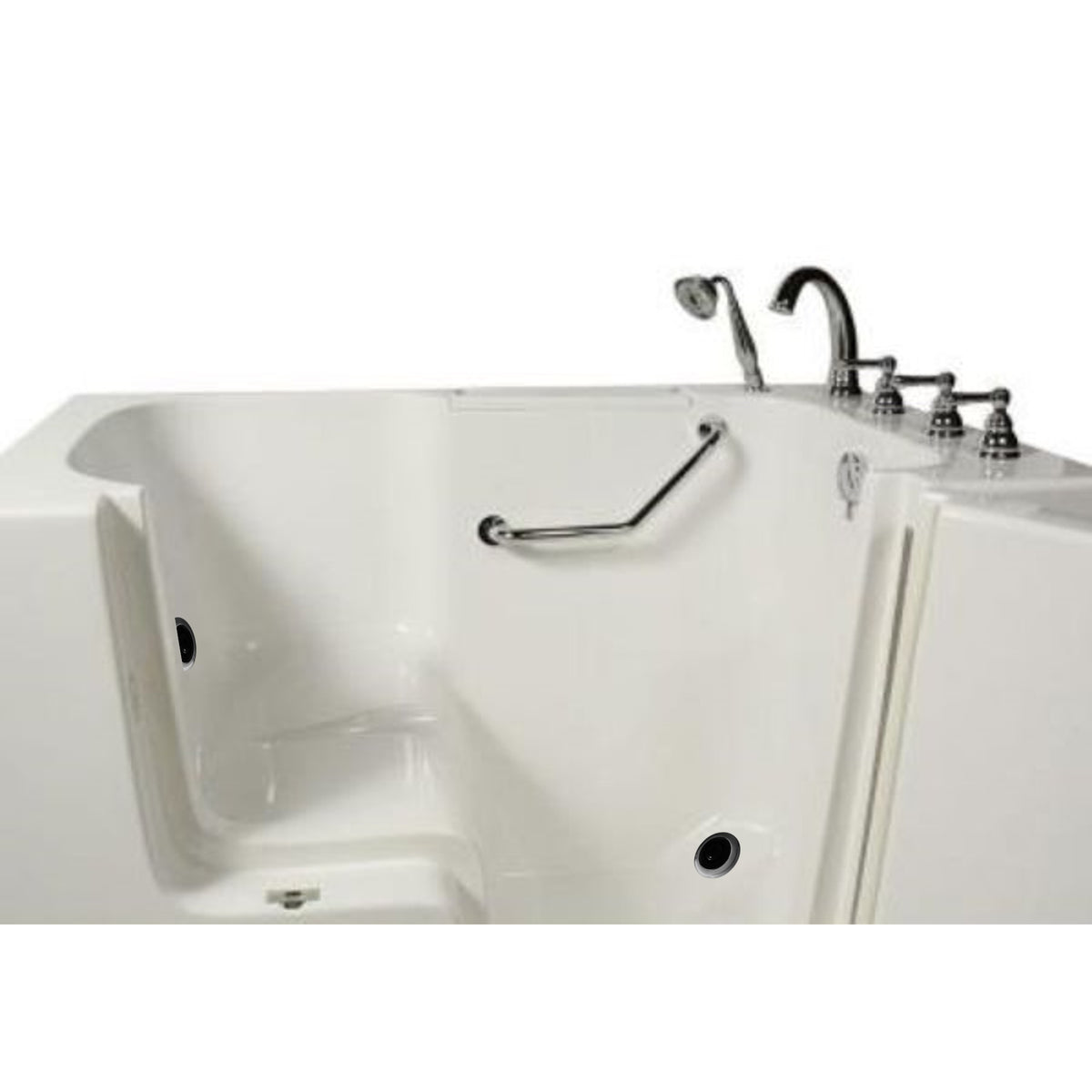 Avora bath 32" x 52" wheelchair transfer walk-in tub white with right outward swing door - vibration jets - 5 piece roman faucet set - hand shower with pull out hose - stainless steel grab bar - Vital Hydrotherapy