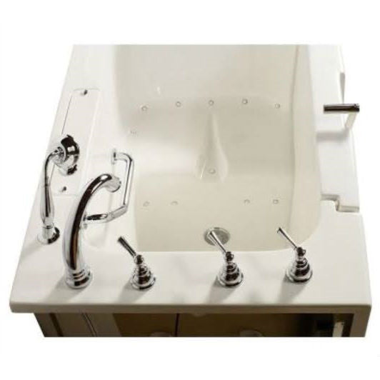 Avora bath 32" x 52" wheelchair transfer walk-in tub white with left outward swing door - air massage with microbubbles - 5 piece roman faucet set - hand shower with pull out hose - stainless steel grab bar - overview - Vital Hydrotherapy