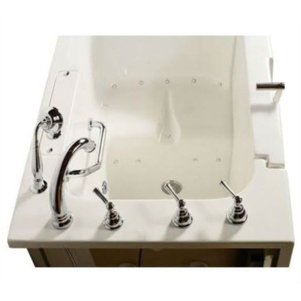 Avora bath 32" x 52" wheelchair transfer walk-in tub white with left outward swing door - air massage with microbubbles - 5 piece roman faucet set - hand shower with pull out hose - stainless steel grab bar - top view - Vital Hydrotherapy