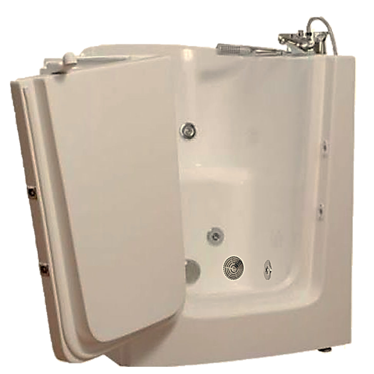 Avora bath 38" x 31" front entry walk-in tub biscuit finish with left outward swing door - hydro massage with microbubbles - 1 piece contemporary faucet including hand shower - open door - Vital Hydrotherapy