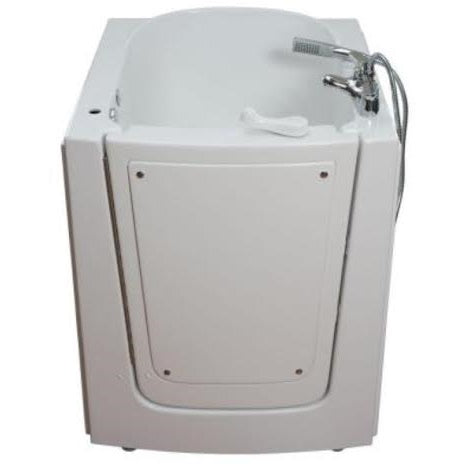 Avora bath 38" x 31" front entry walk-in tub white finish with left outward swing door - air massage with microbubbles - 1 piece contemporary faucet including hand shower - front view - Vital Hydrotherapy