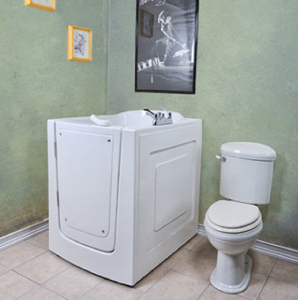 Avora bath 38" x 31" front entry walk-in tub white finish with left outward swing door - air massage with microbubbles - 1 piece contemporary faucet including hand shower - lifestyle - Vital Hydrotherapy