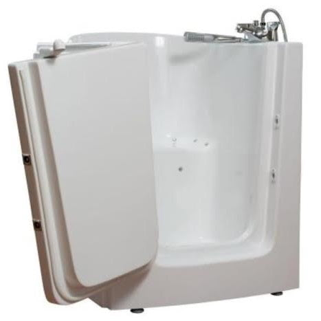 Avora bath 38" x 31" front entry walk-in tub white finish with left outward swing door - air massage with microbubbles - 1 piece contemporary faucet including hand shower - open door - Vital Hydrotherapy