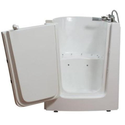 Avora bath 38" x 31" front entry walk-in tub white finish with left outward swing door - air massage with microbubbles - 1 piece contemporary faucet including hand shower - open door - Vital Hydrotherapy