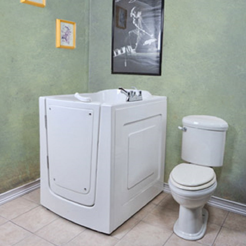 Avora bath 38" x 31" front entry walk-in tub white finish with left outward swing door - hydro massage with microbubbles - 1 piece contemporary faucet including hand shower - lifestyle - Vital Hydrotherapy