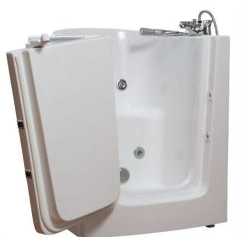 Avora bath 38" x 31" front entry walk-in tub white finish with left outward swing door - hydro massage with microbubbles - 1 piece contemporary faucet including hand shower - open door - Vital Hydrotherapy