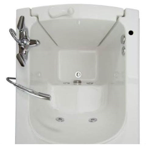 Avora bath 38" x 31" front entry walk-in tub white finish with left outward swing door - hydro massage with microbubbles - 1 piece contemporary faucet including hand shower - top view - Vital Hydrotherapy