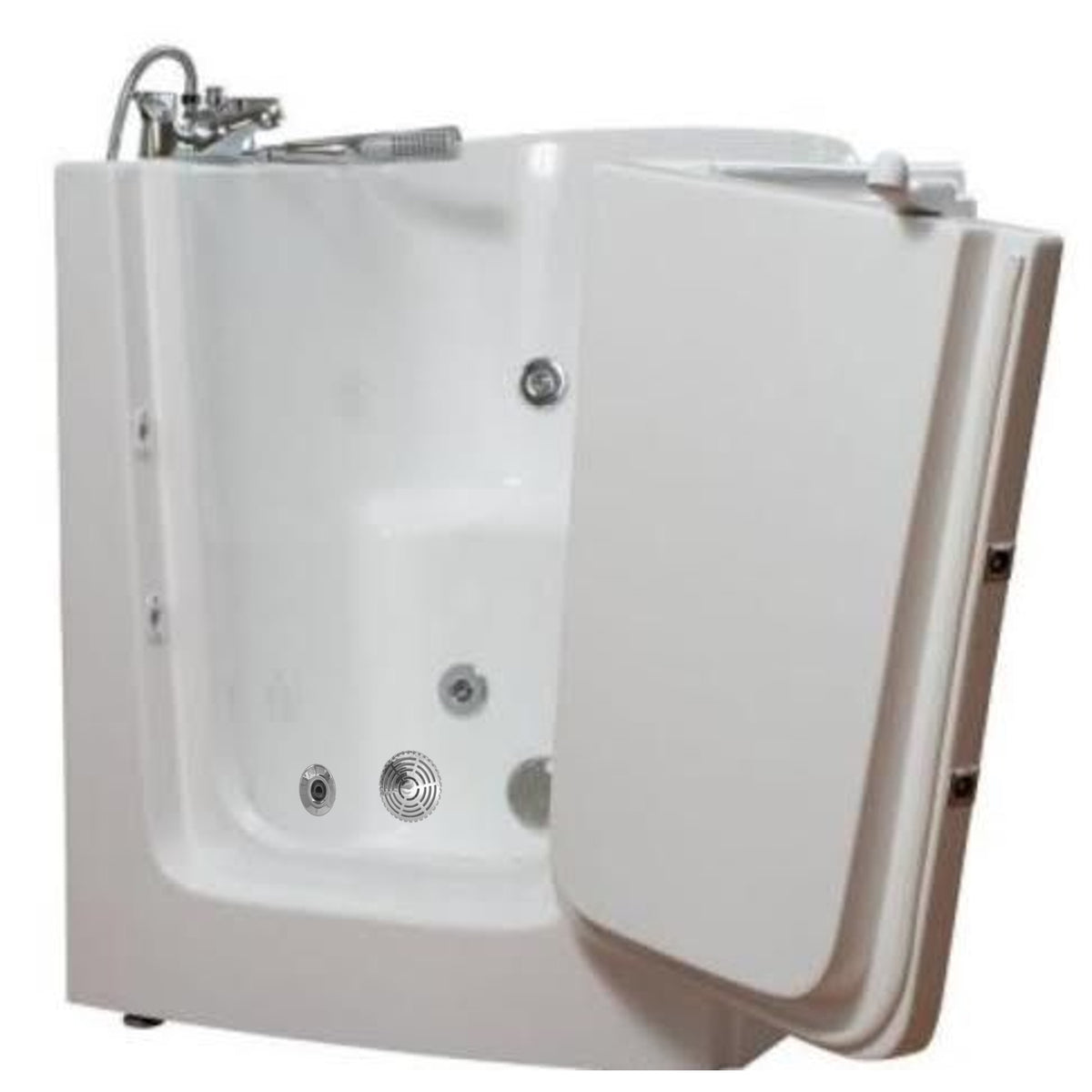 Avora bath 38" x 31" front entry walk-in tub white finish with right outward swing door - hydro massage with microbubbles - 1 piece contemporary faucet including hand shower - open door - Vital Hydrotherapy