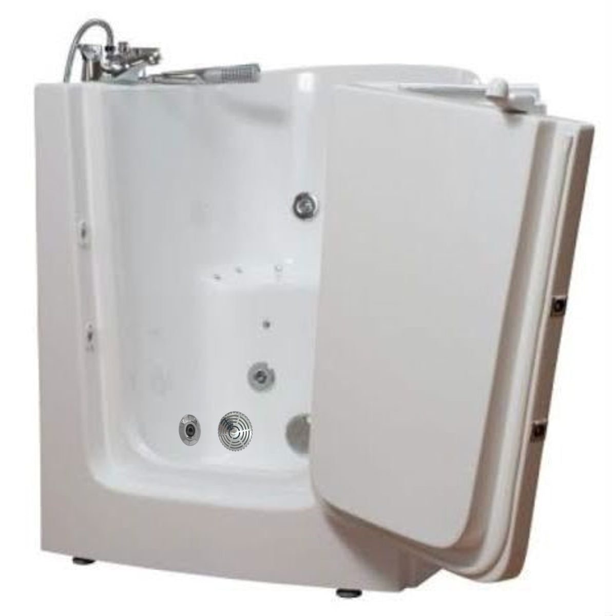 Avora bath 38" x 31" front entry walk-in tub white finish with right outward swing door - air and hydro massage with microbubbles - 1 piece contemporary faucet including hand shower - Vital Hydrotherapy