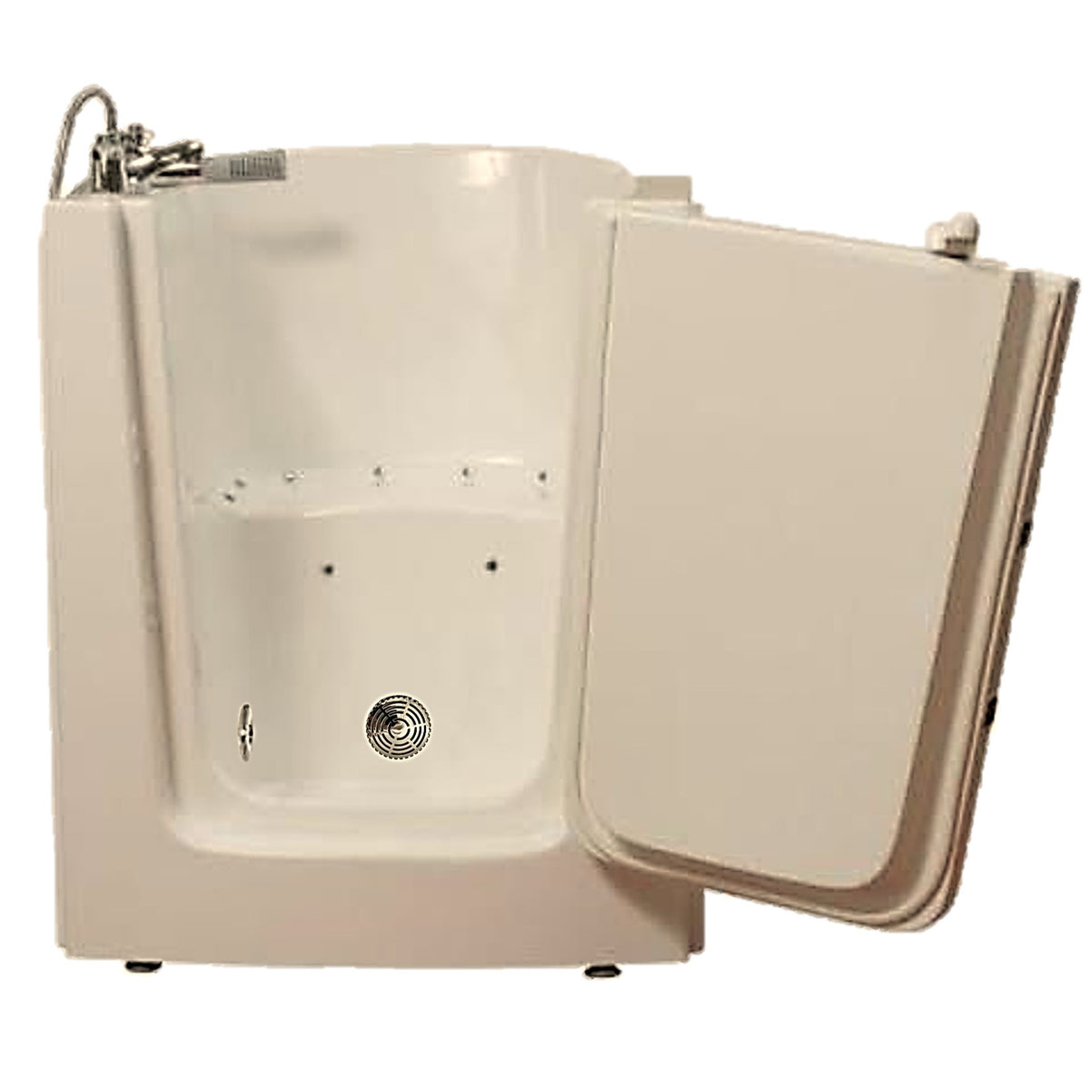 Avora bath 38" x 31" front entry walk-in tub biscuit finish with right outward swing door - air massage with microbubbles - 1 piece contemporary faucet including hand shower - open door - Vital Hydrotherapy