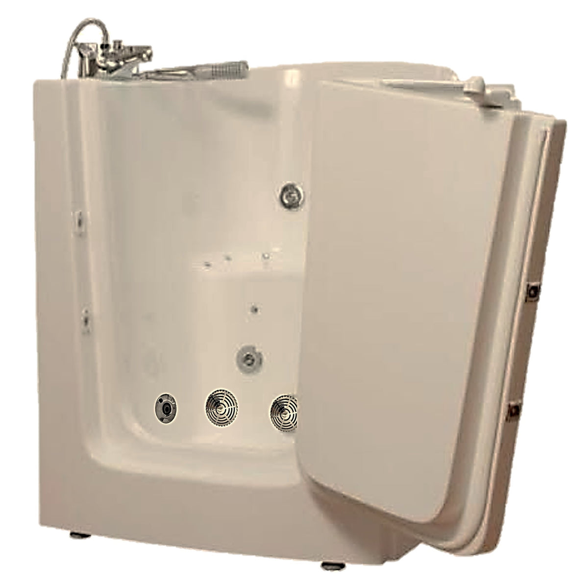 Avora bath 38" x 31" front entry walk-in tub biscuit finish with right outward swing door - air and hydro massage with microbubbles - 1 piece contemporary faucet including hand shower - open door - Vital Hydrotherapy