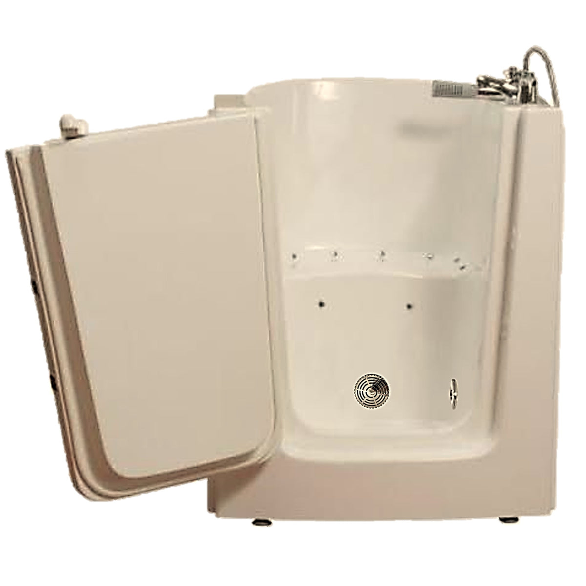 Avora bath 38" x 31" front entry walk-in tub biscuit finish with left outward swing door - air massage with microbubbles - 1 piece contemporary faucet including hand shower - open door - Vital Hydrotherapy