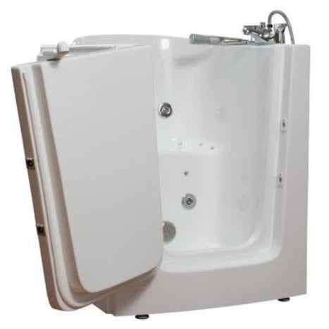 Avora bath 38" x 31" front entry walk-in tub white finish with left outward swing door - air and hydro massage with microbubbles - 1 piece contemporary faucet including hand shower - open door - Vital Hydrotherapy