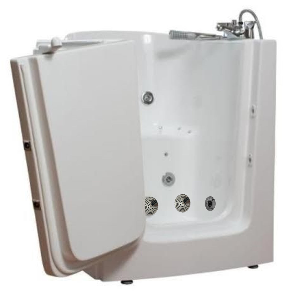 Avora bath 38" x 31" front entry walk-in tub white finish with left outward swing door - air and hydro massage with microbubbles - 1 piece contemporary faucet including hand shower - open door - Vital Hydrotherapy