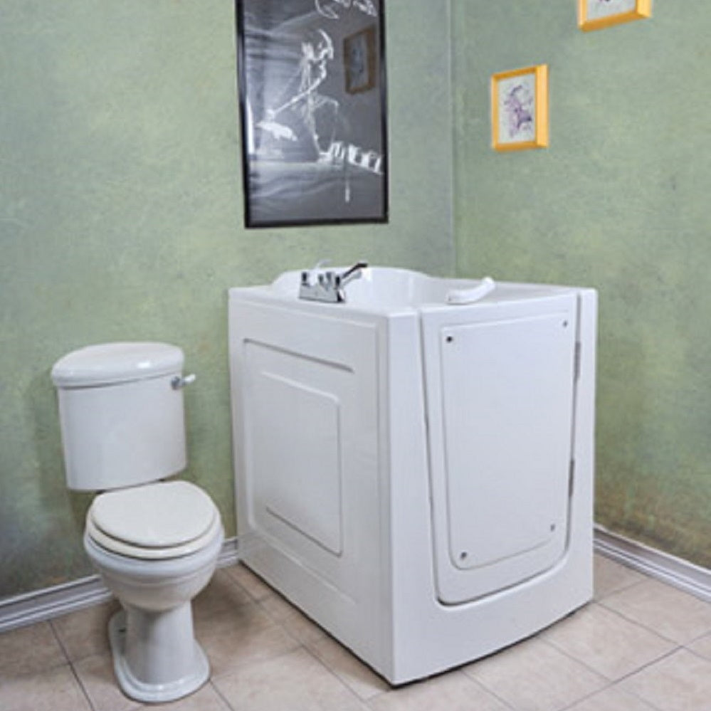 Avora bath 38" x 31" front entry walk-in tub white finish with right outward swing door - air massage with microbubbles - 1 piece contemporary faucet including hand shower - lifestyle - Vital Hydrotherapy