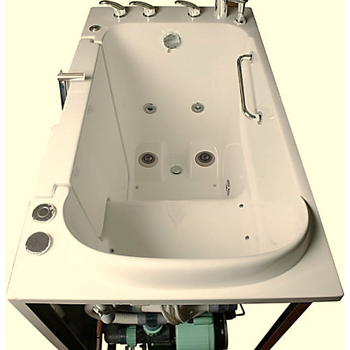 Avora bath 30" x 52" wheelchair transfer walk-in tub biscuit with left outward swinging door, air hydro and vibration jets with microbubbles, handle & faucet - overview - Vital Hydrotherapy