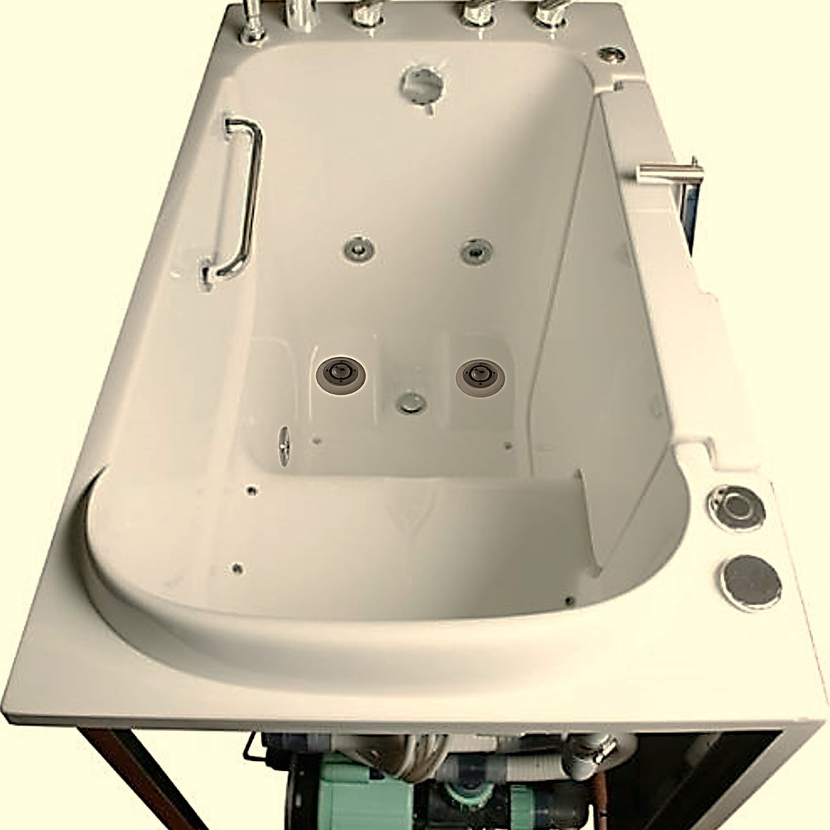 Avora bath 30" x 52" wheelchair transfer walk-in tub biscuit with right outward swinging door, air hydro and vibration jets with microbubbles, handle & faucet - overview - Vital Hydrotherapy