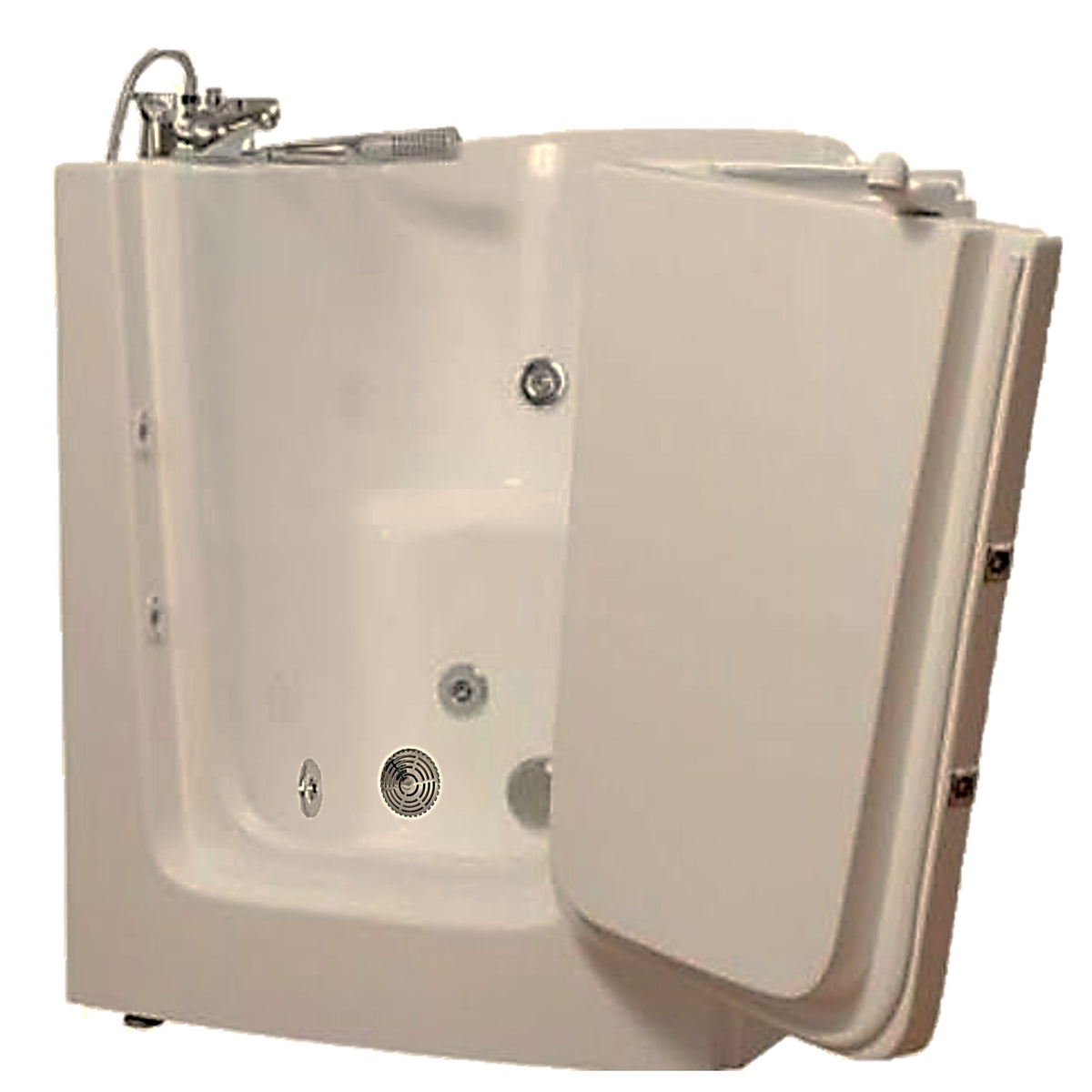 Avora bath 38" x 31" front entry walk-in tub biscuit finish with left outward swing door - hydro massage with microbubbles - 1 piece contemporary faucet including hand shower - open door - Vital Hydrotherapy