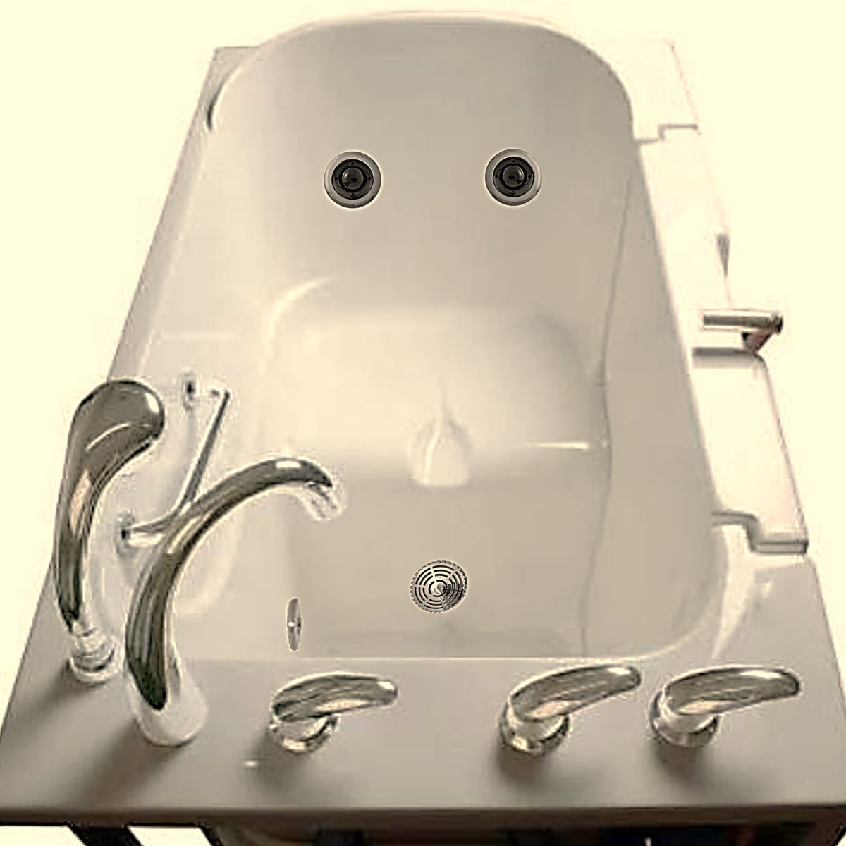 Avora bath 30" x 52" wheelchair transfer walk-in tub biscuit with left outward swinging door, vibration jets with microbubbles, handle & faucet - top view - Vital Hydrotherapy