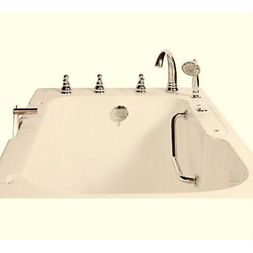 Avora bath 32" x 52" wheelchair transfer walk-in tub biscuit with left outward swing door - air hydro vibration jets with microbubbles - 5 piece roman faucet set - hand shower with pull out hose - stainless steel grab bar - Vital Hydrotherapy