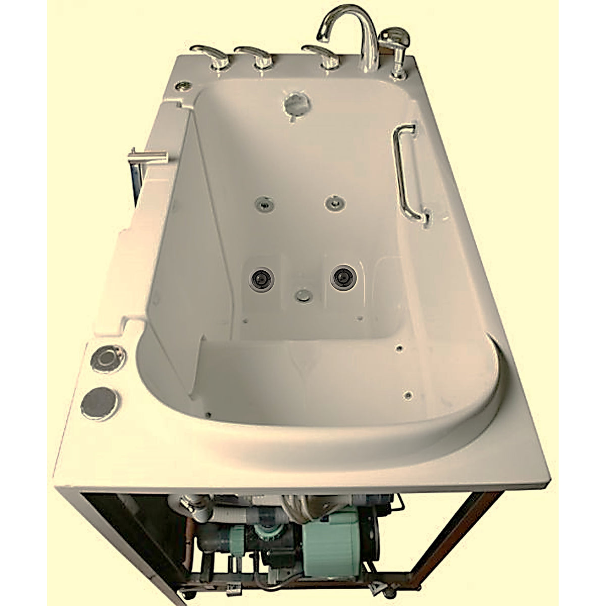 Avora bath 30" x 52" wheelchair transfer walk-in tub biscuit with left outward swinging door, air hydro and vibration jets, handle & faucet - overview - Vital Hydrotherapy