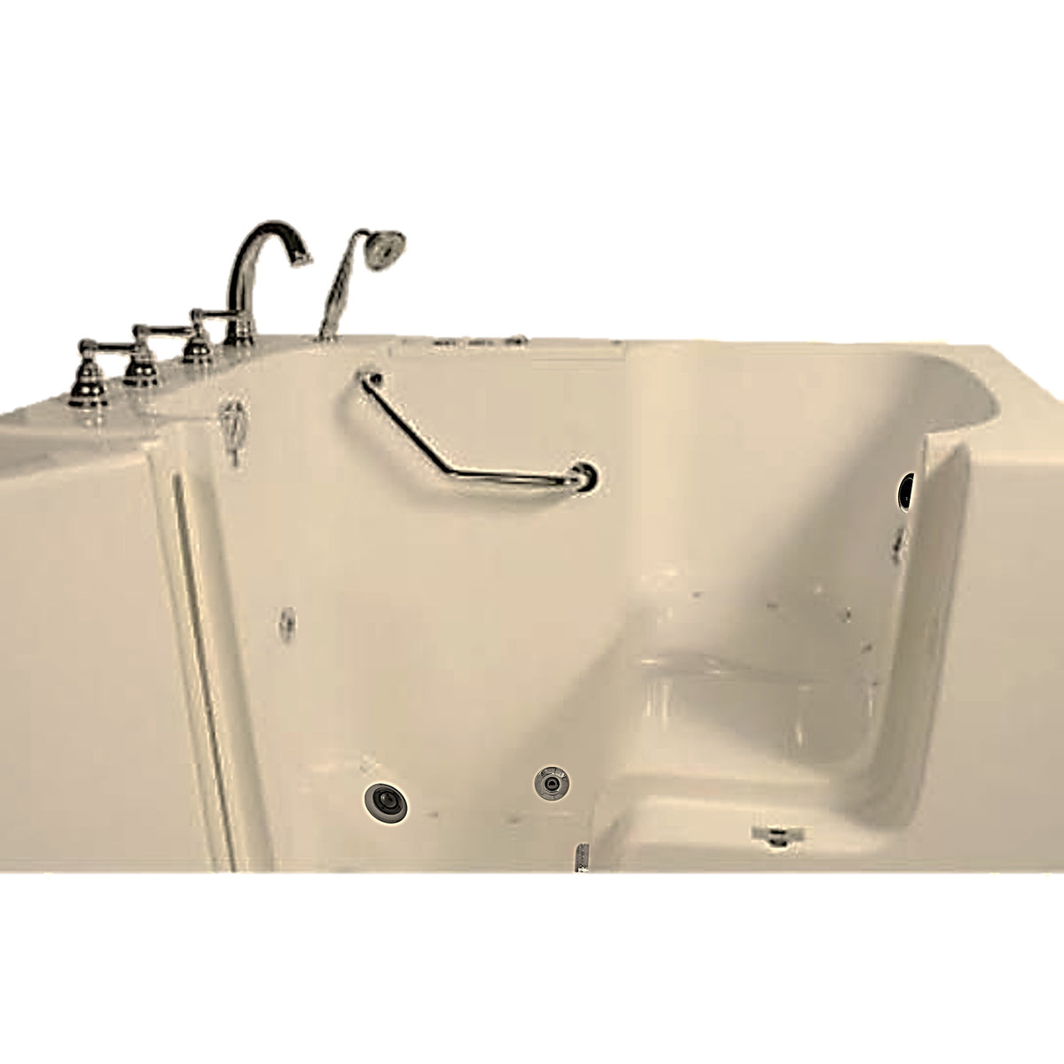 Avora bath 32" x 52" wheelchair transfer walk-in tub biscuit with left outward swing door - air hydro vibration jets with microbubbles - 5 piece roman faucet set - hand shower with pull out hose - stainless steel grab bar - Vital Hydrotherapy
