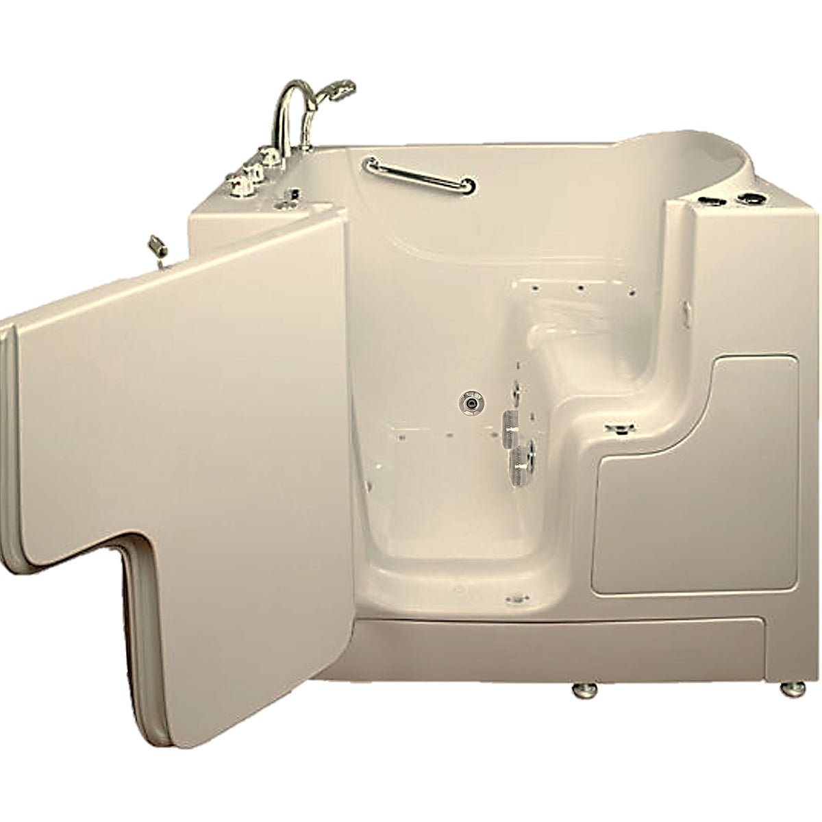 Avora bath 30" x 52" wheelchair transfer walk-in tub biscuit with left outward swinging door, air and hydro massage with microbubbles and  handle & faucet  - open door - Vital Hydrotherapy