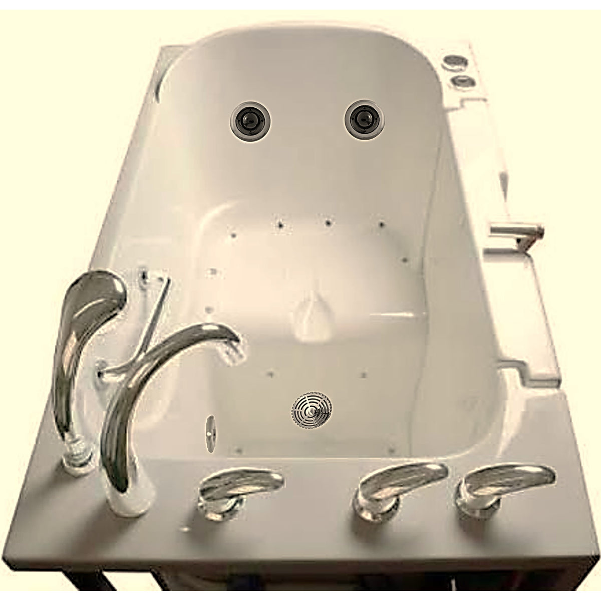 Avora bath 30" x 52" wheelchair transfer walk-in tub biscuit with left outward swinging door, air and vibration jets with microbubbles and handle & faucet - top view - Vital Hydrotherapy
