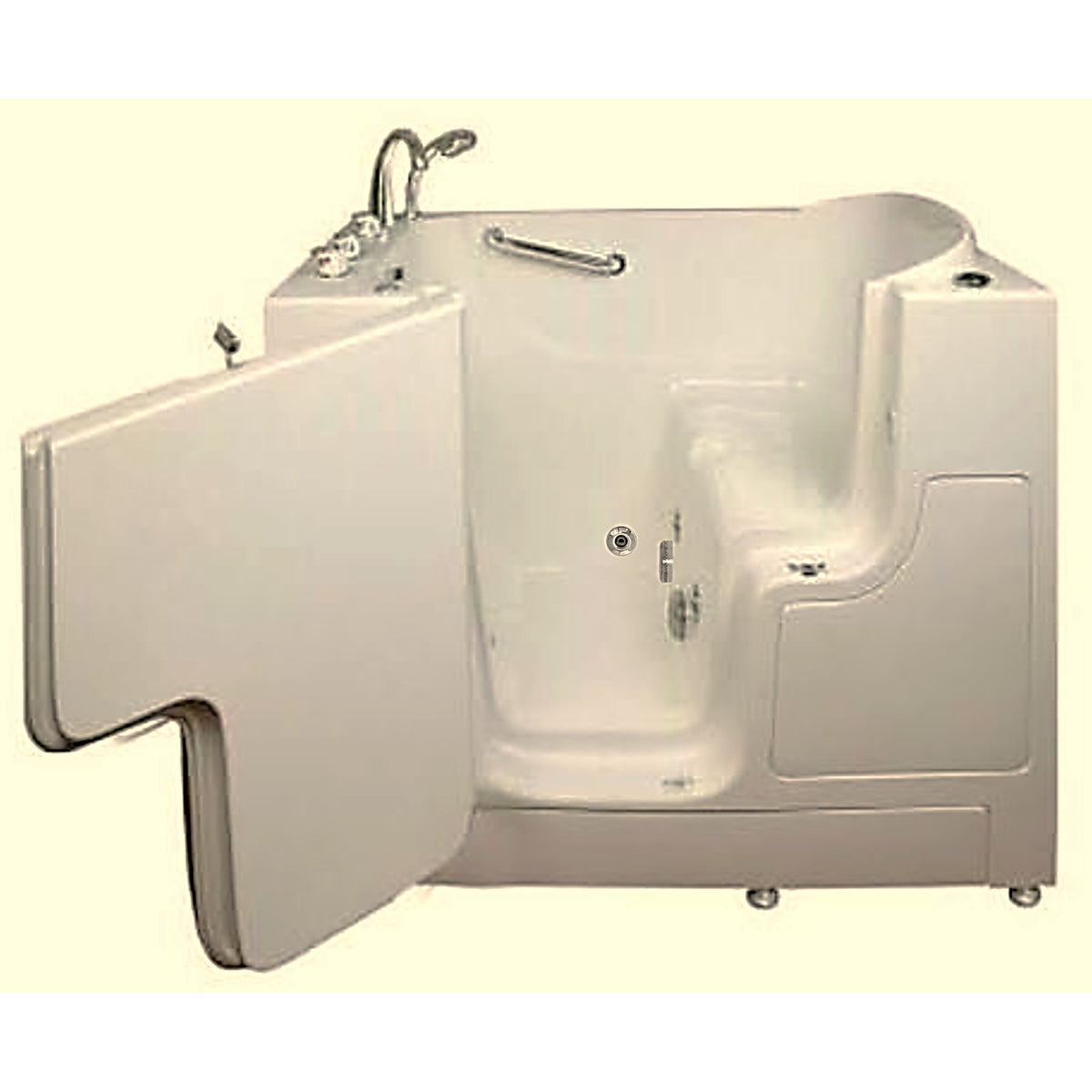 Avora bath 30" x 52" wheelchair transfer walk-in tub biscuit with left outward swinging door, hydro massage with microbubbles, handle & faucet - open door - Vital Hydrotherapy
