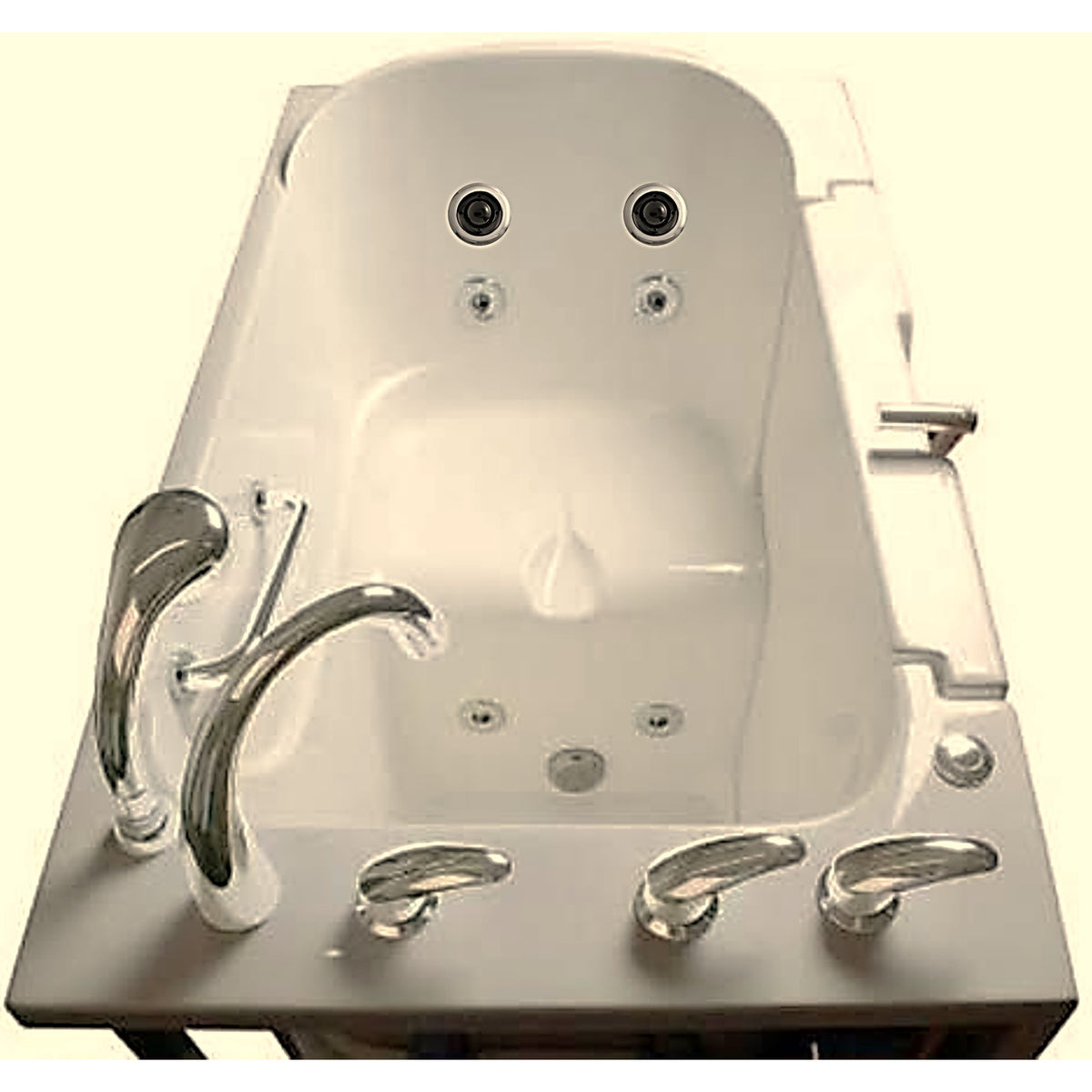 Avora bath 30" x 52" wheelchair transfer walk-in tub biscuit with left outward swinging door, hydro and vibration jets, handle & faucet - top view - Vital Hydrotherapy