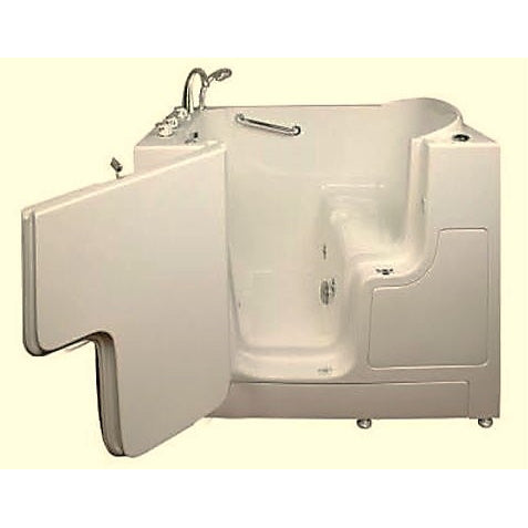 Avora bath 30" x 52" wheelchair transfer walk-in tub biscuit with left outward swinging door, hydro and vibration jets with microbubbles, handle & faucet - open door - Vital Hydrotherapy