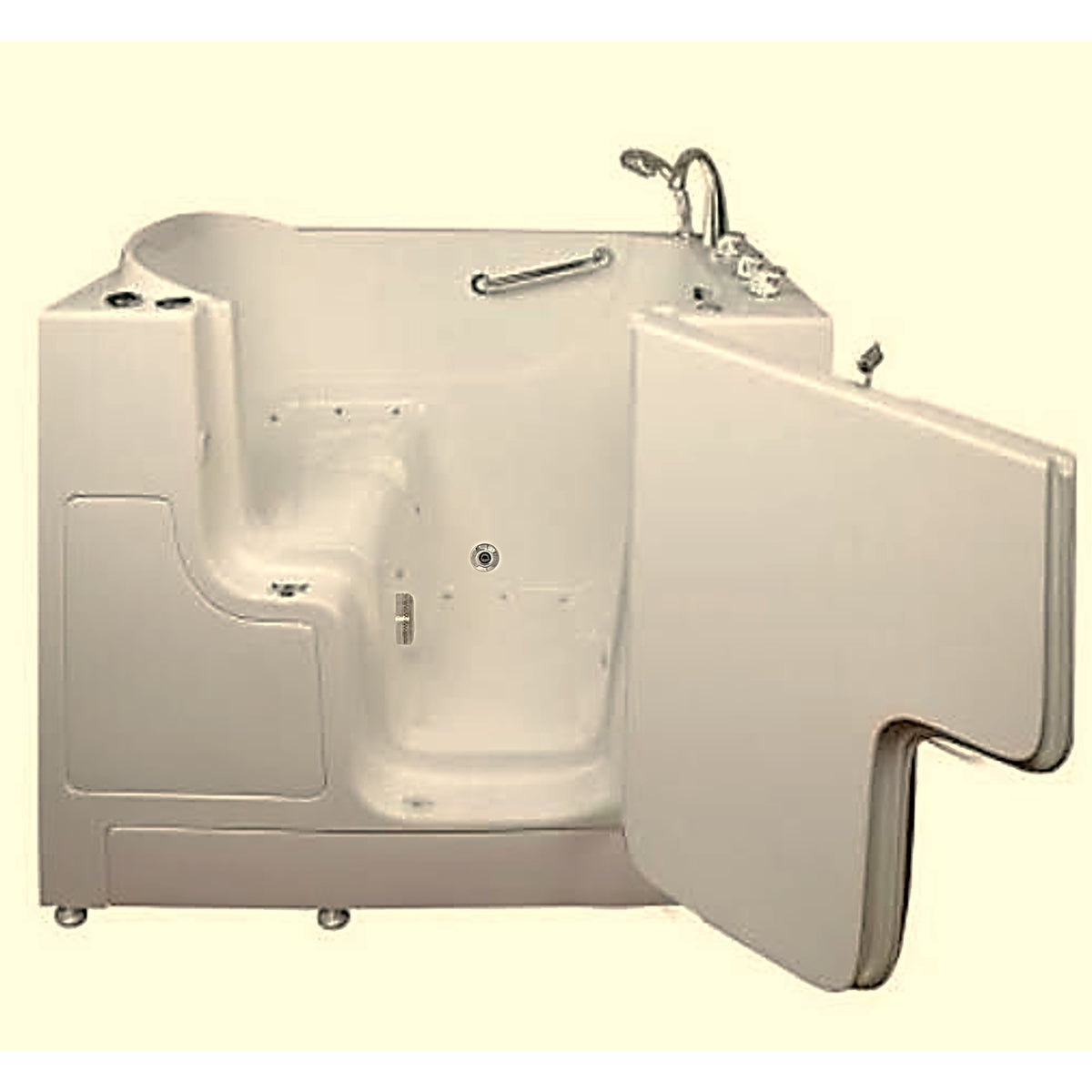 Avora bath 30" x 52" wheelchair transfer walk-in tub biscuit with right outward swinging door, air massage with microbubbles and handle & faucet - open door - Vital Hydrotherapy