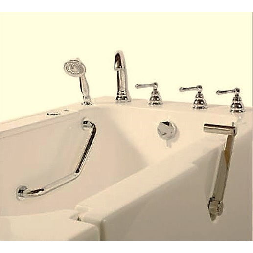 Avora bath 32" x 52" wheelchair transfer walk-in tub biscuit with right outward swing door - air hydro vibration jets with microbubbles - 5 piece roman faucet set - hand shower with pull out hose - stainless steel grab bar - Vital Hydrotherapy