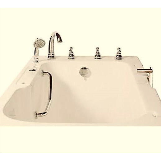 Avora bath 32" x 52" wheelchair transfer walk-in tub biscuit with right outward swing door - air hydro vibration jets with microbubbles - 5 piece roman faucet set - hand shower with pull out hose - stainless steel grab bar - Vital Hydrotherapy