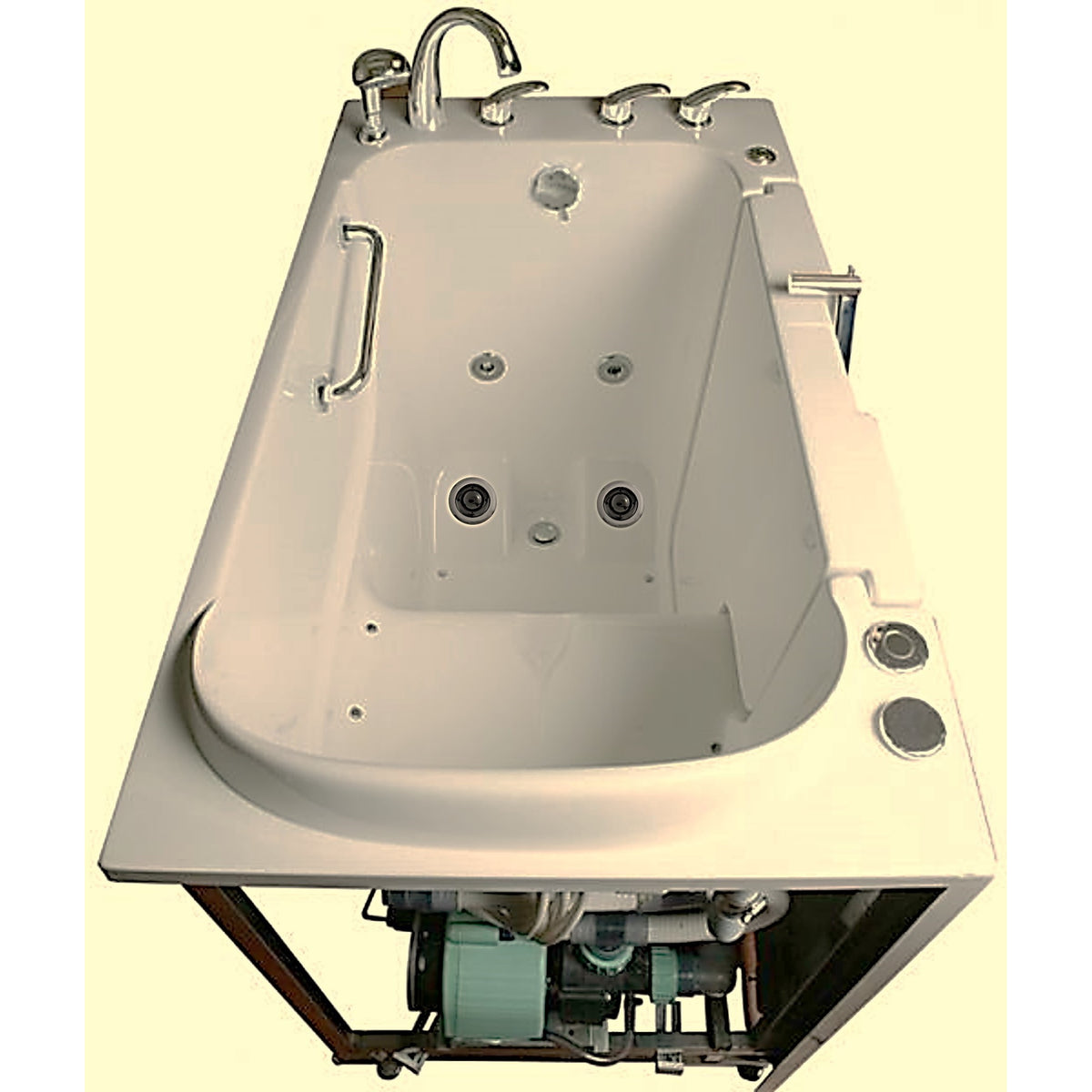 Avora bath 30" x 52" wheelchair transfer walk-in tub biscuit with right outward swinging door, air hydro and vibration jets, handle & faucet - overview - Vital Hydrotherapy